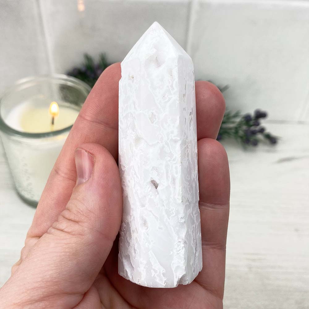 Polished White Druzy Agate Tower