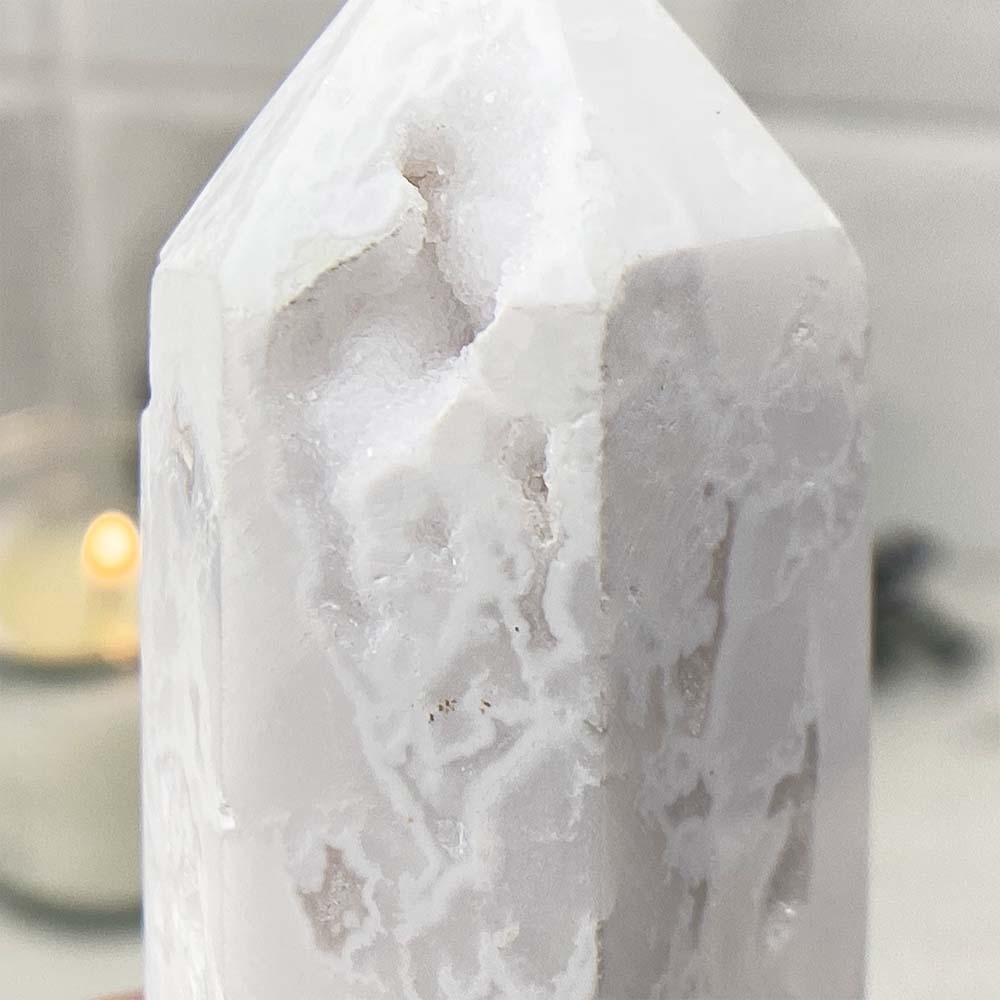 Polished White Druzy Agate Tower