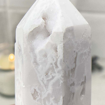 Polished White Druzy Agate Tower