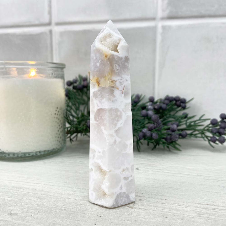 Polished White Druzy Agate Tower
