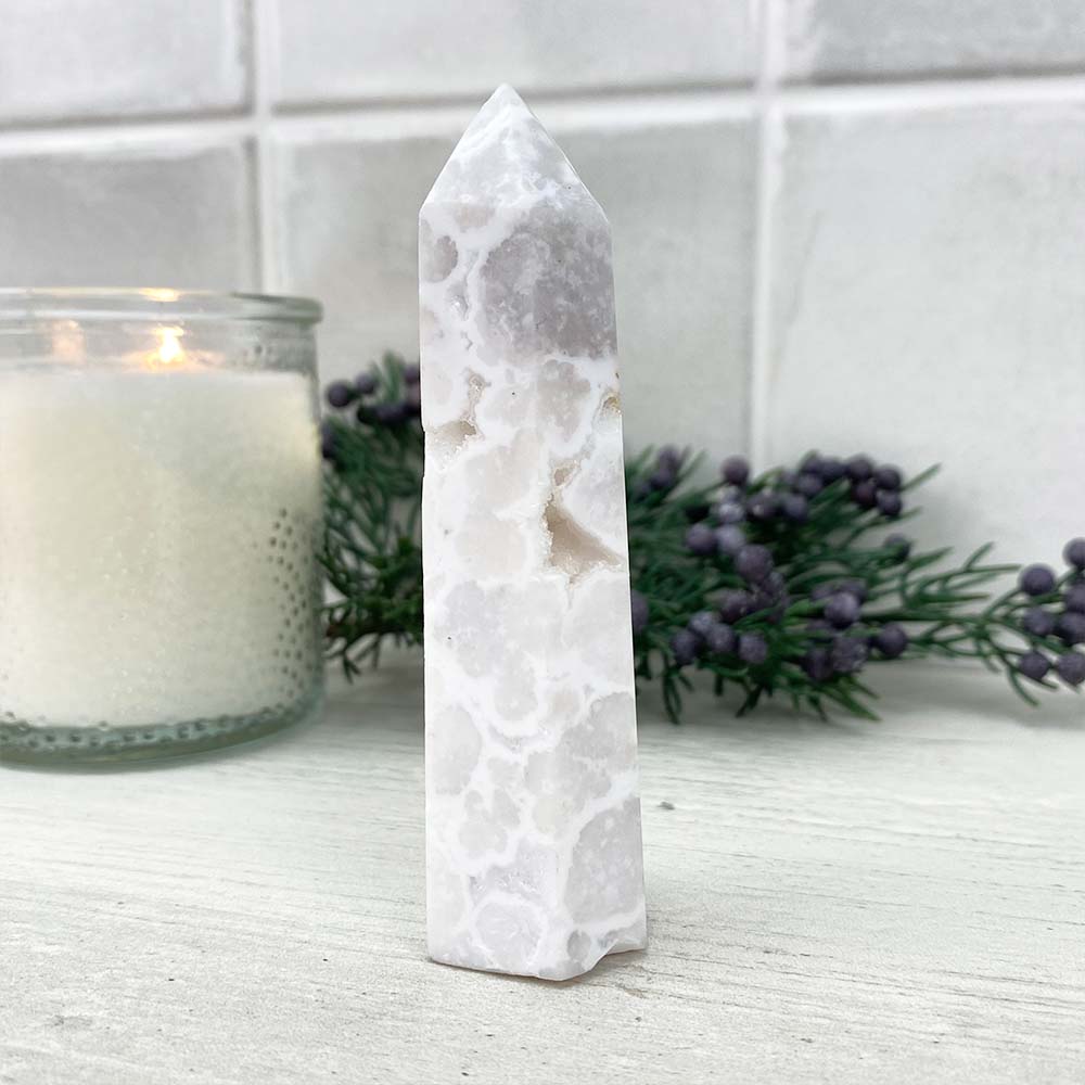 Polished White Druzy Agate Tower
