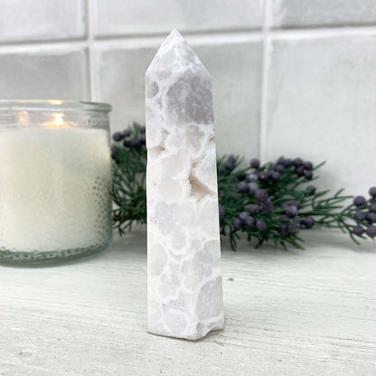 Polished White Druzy Agate Tower