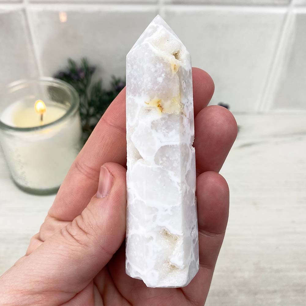 Polished White Druzy Agate Tower