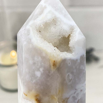 Polished White Druzy Agate Tower